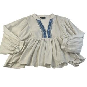 Cream Floral Embroidered Peasant Blouse Women's S Boho / Cottagecore Top